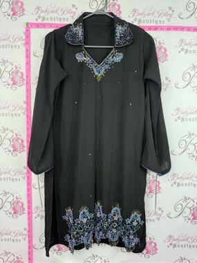 Dress beaded Embroidered Black Women's Long Dress with Blue Accents